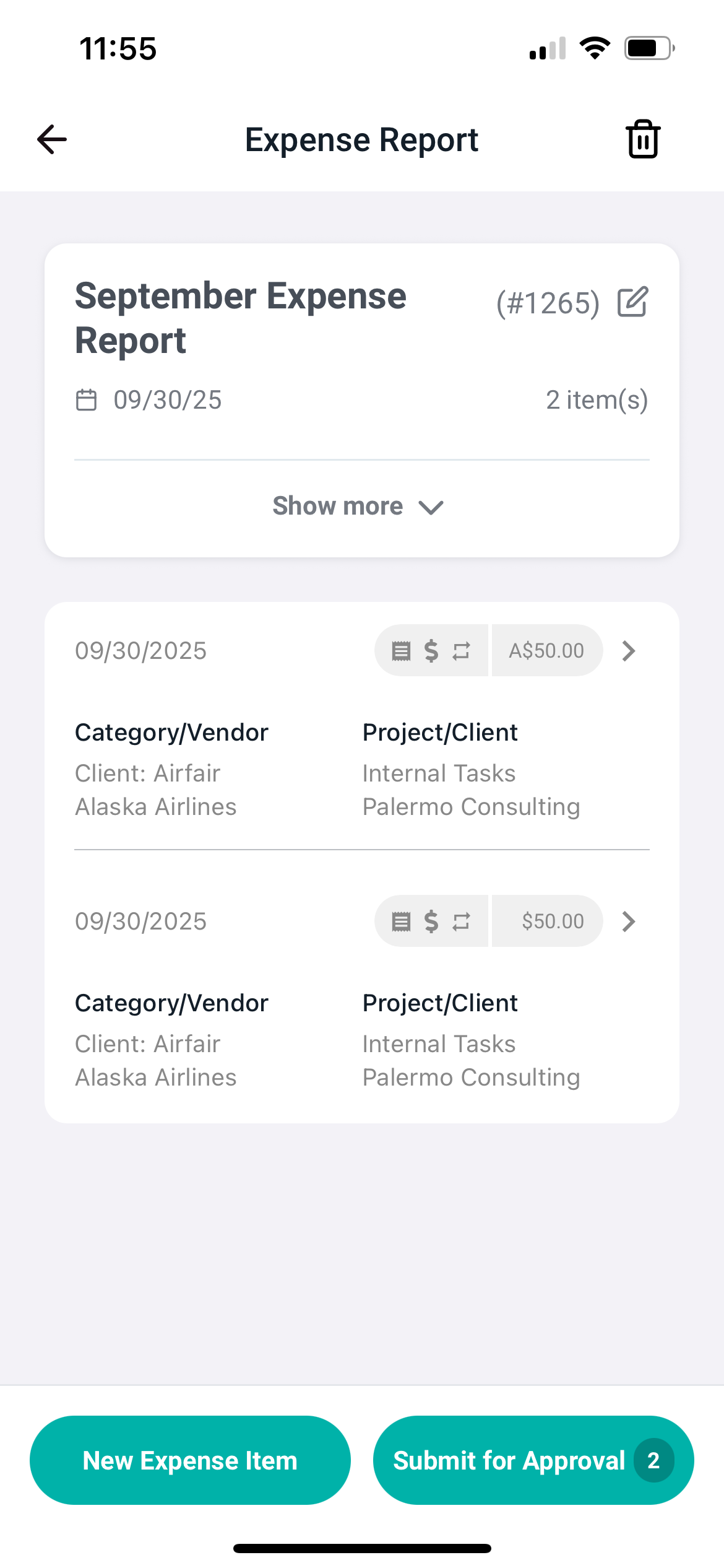 An expense report with the Submit for Approval button