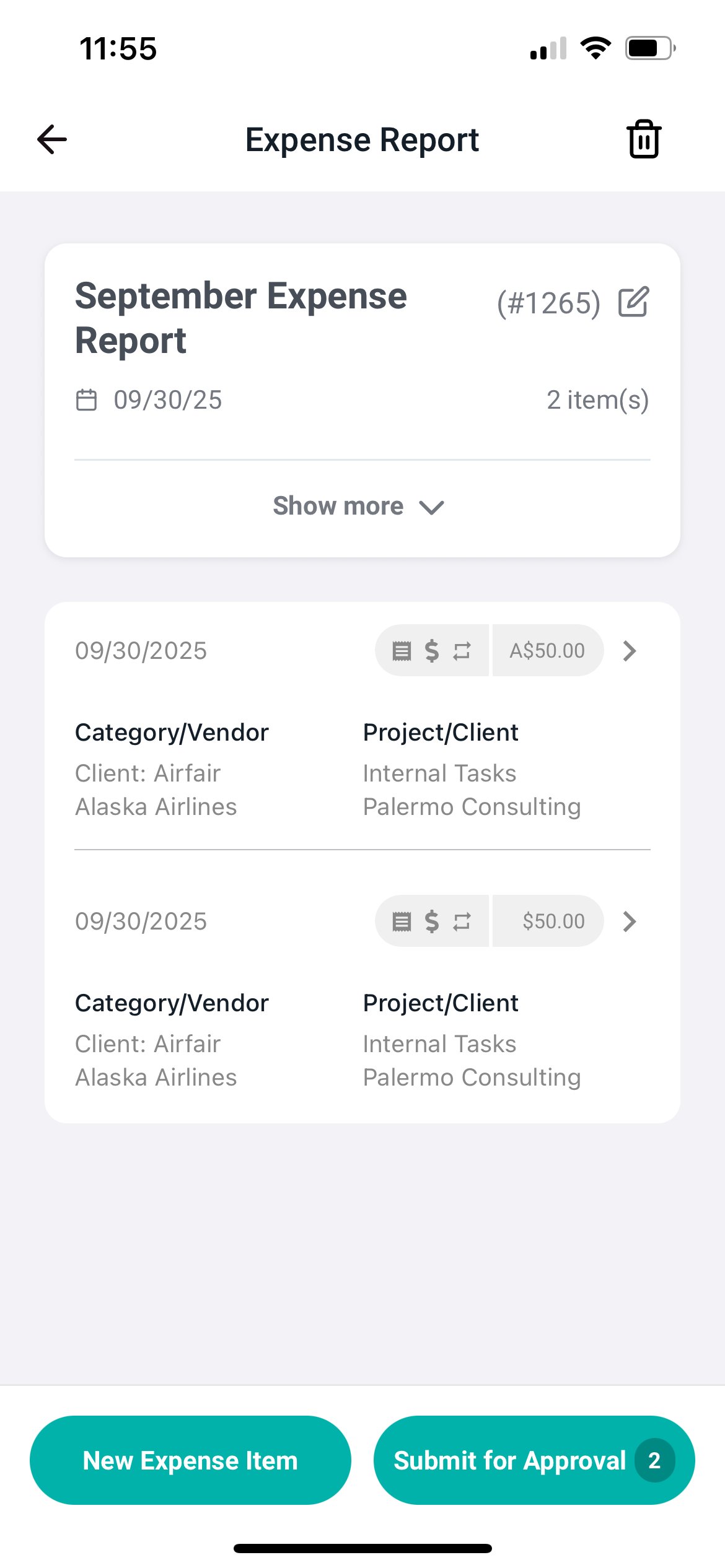 An expense report with the Submit for Approval button