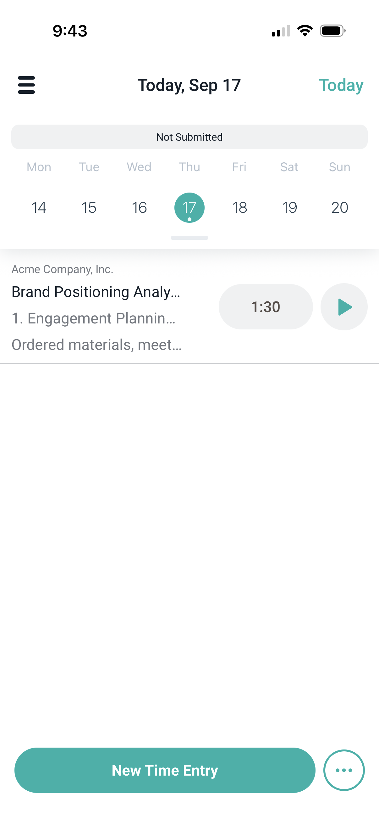 The day view of time entries in the mobile app