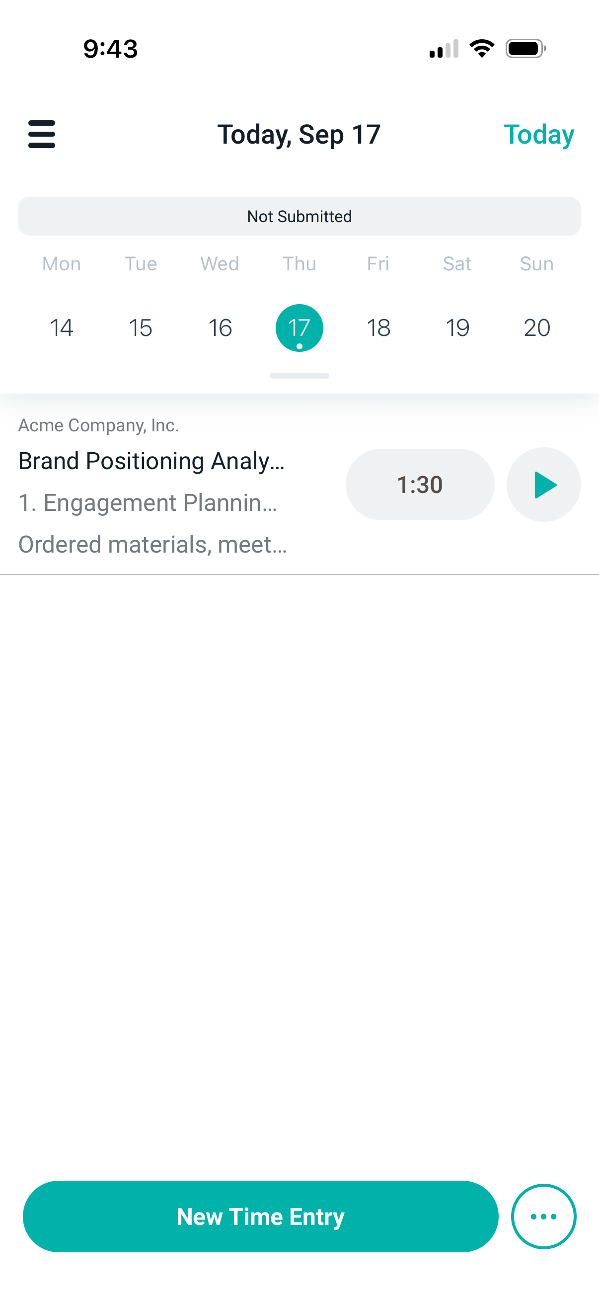 The day view of time entries in the mobile app