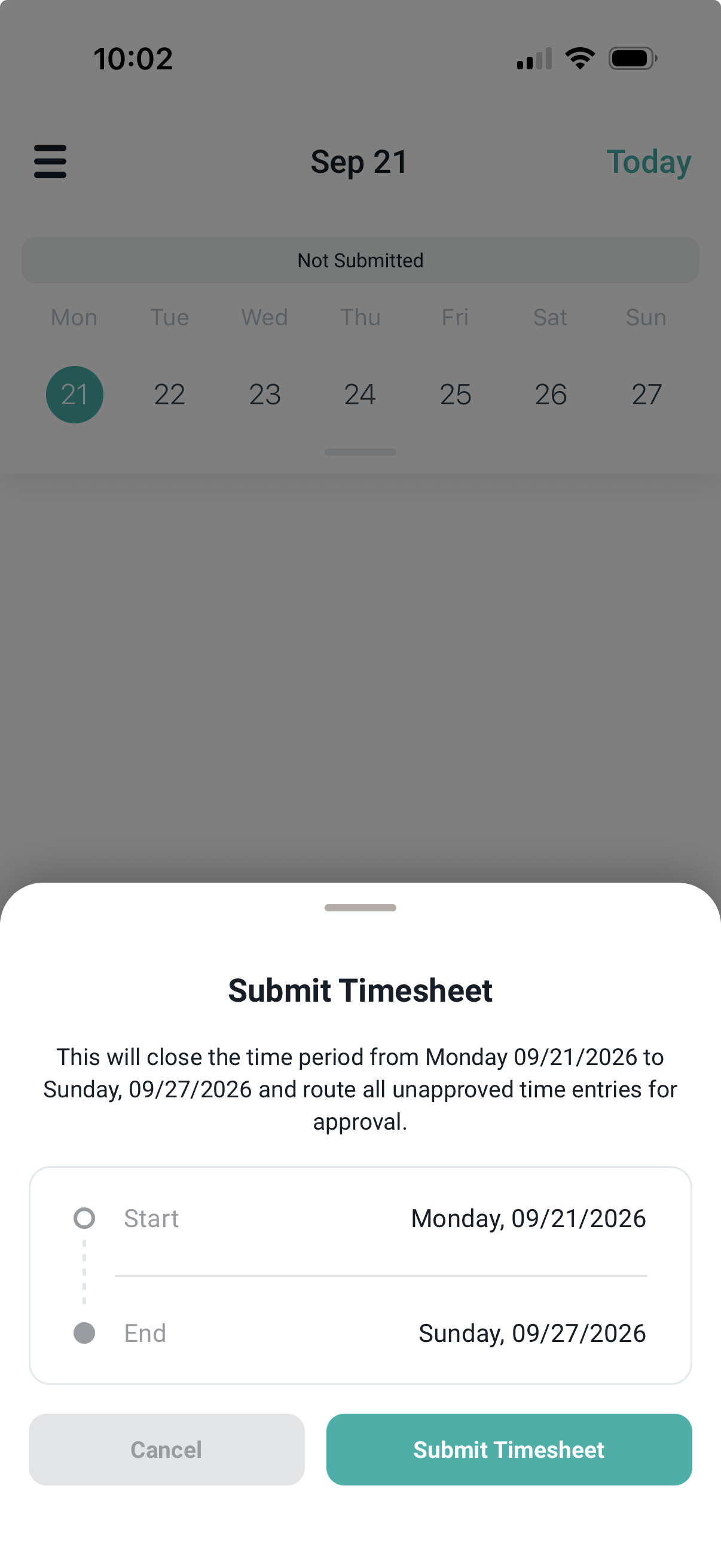 The Submit Timesheet sheet showing the start and end of the period