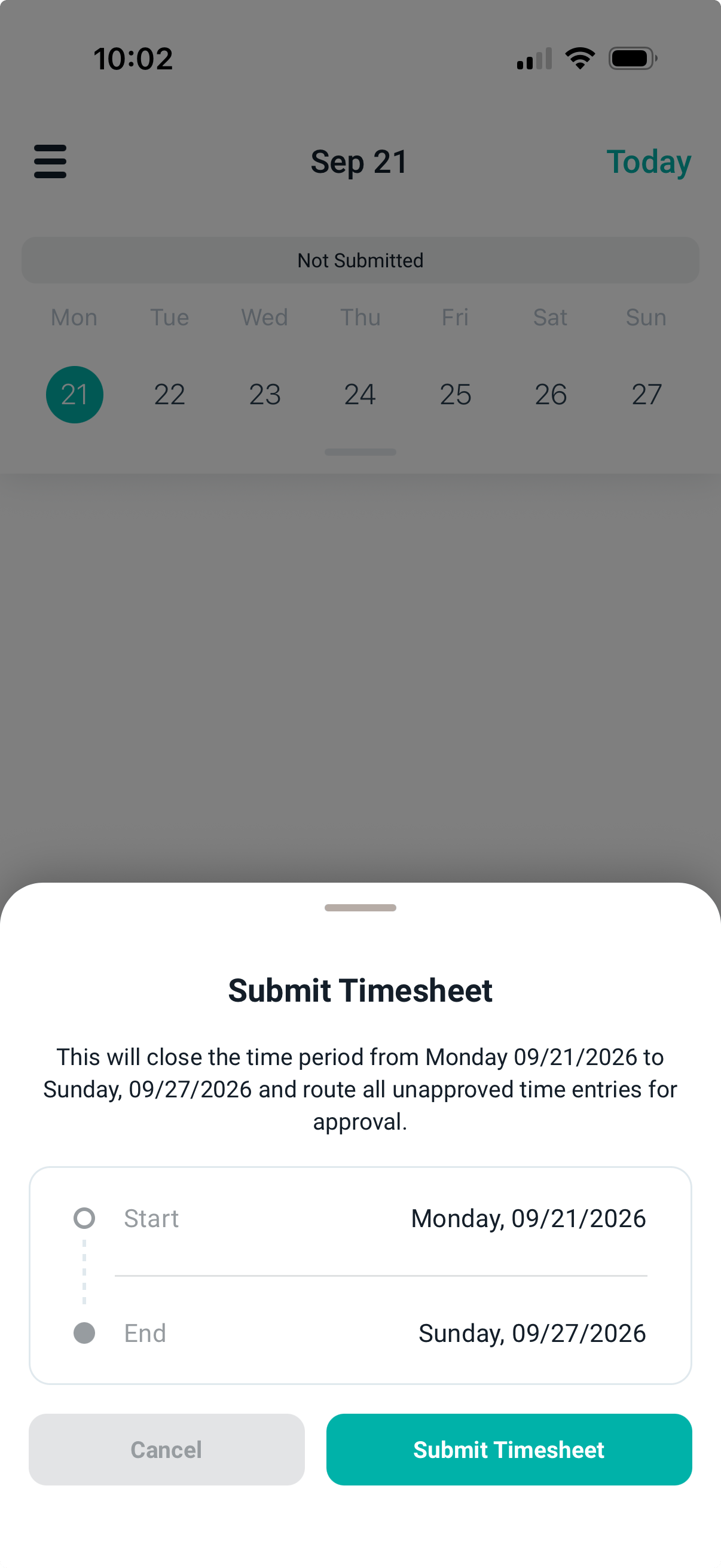 The Submit Timesheet sheet showing the start and end of the period