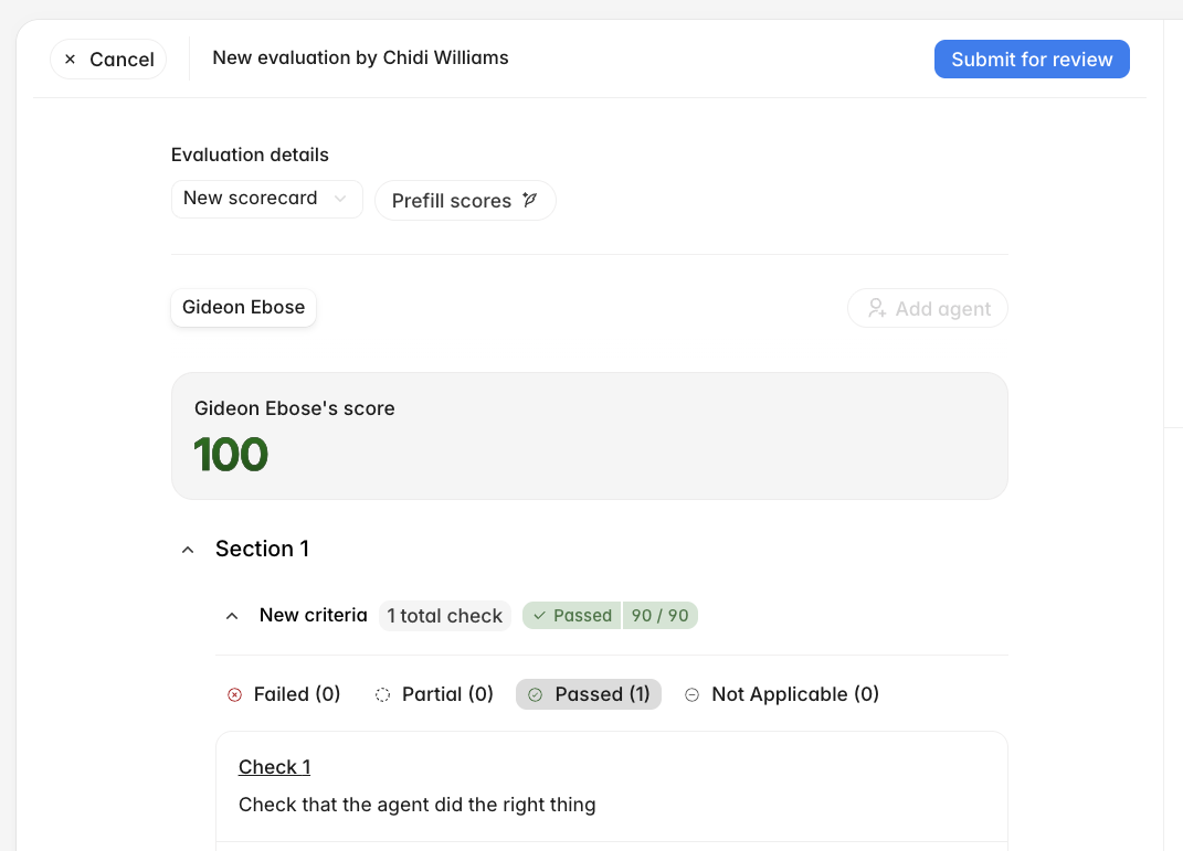 Manual evaluation editor with Submit for review button