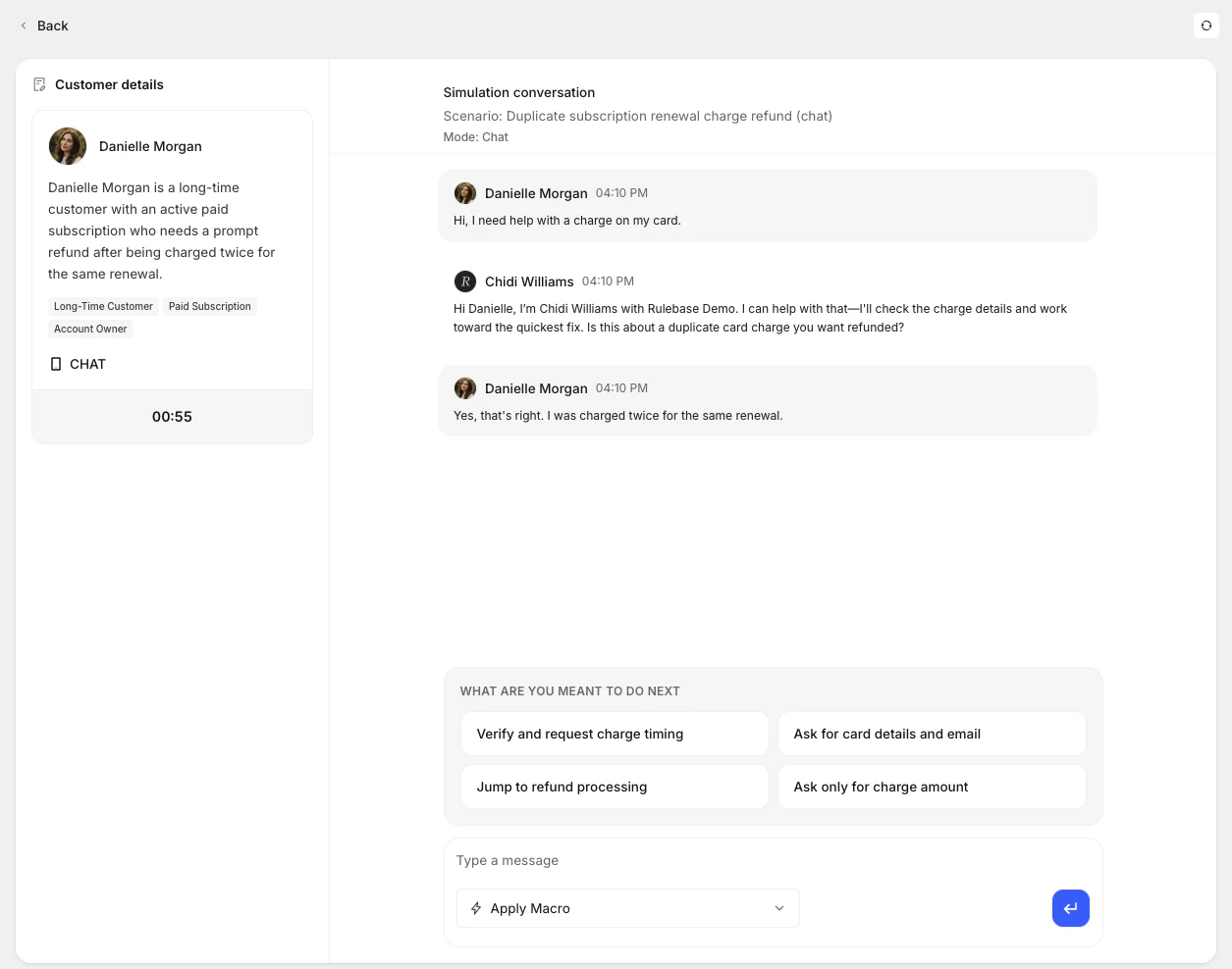 Live simulation chat with customer persona sidebar and guided response options