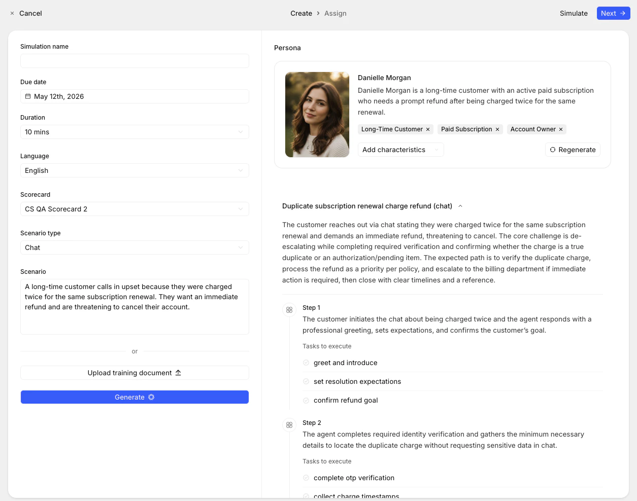 Coaching simulation creation with AI-generated persona and scenario plan