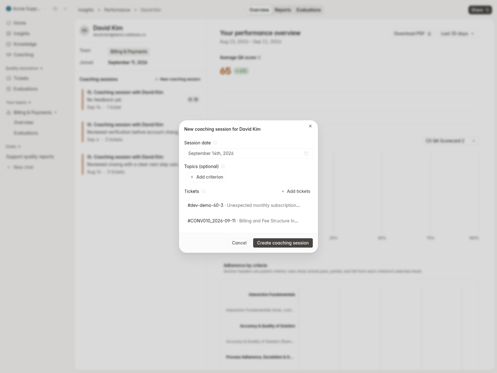 New coaching session form with two attached tickets
