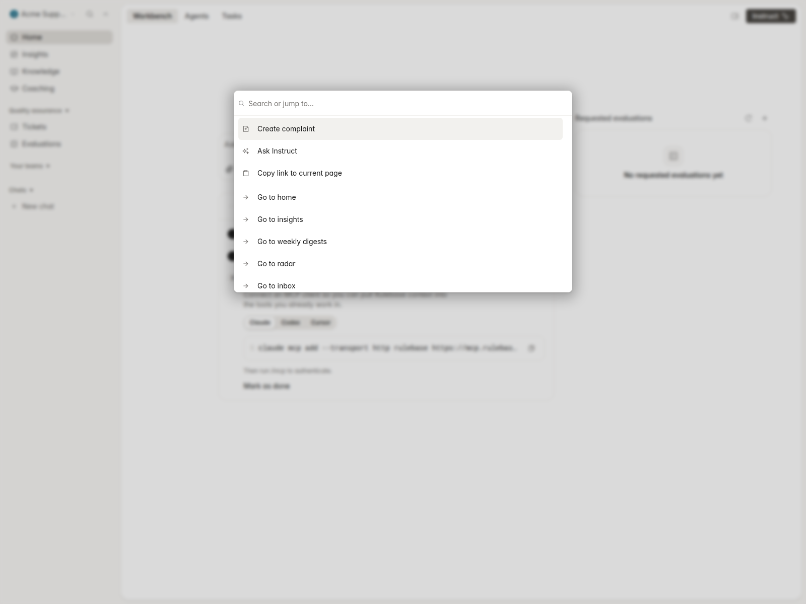 Command menu showing recent items and actions