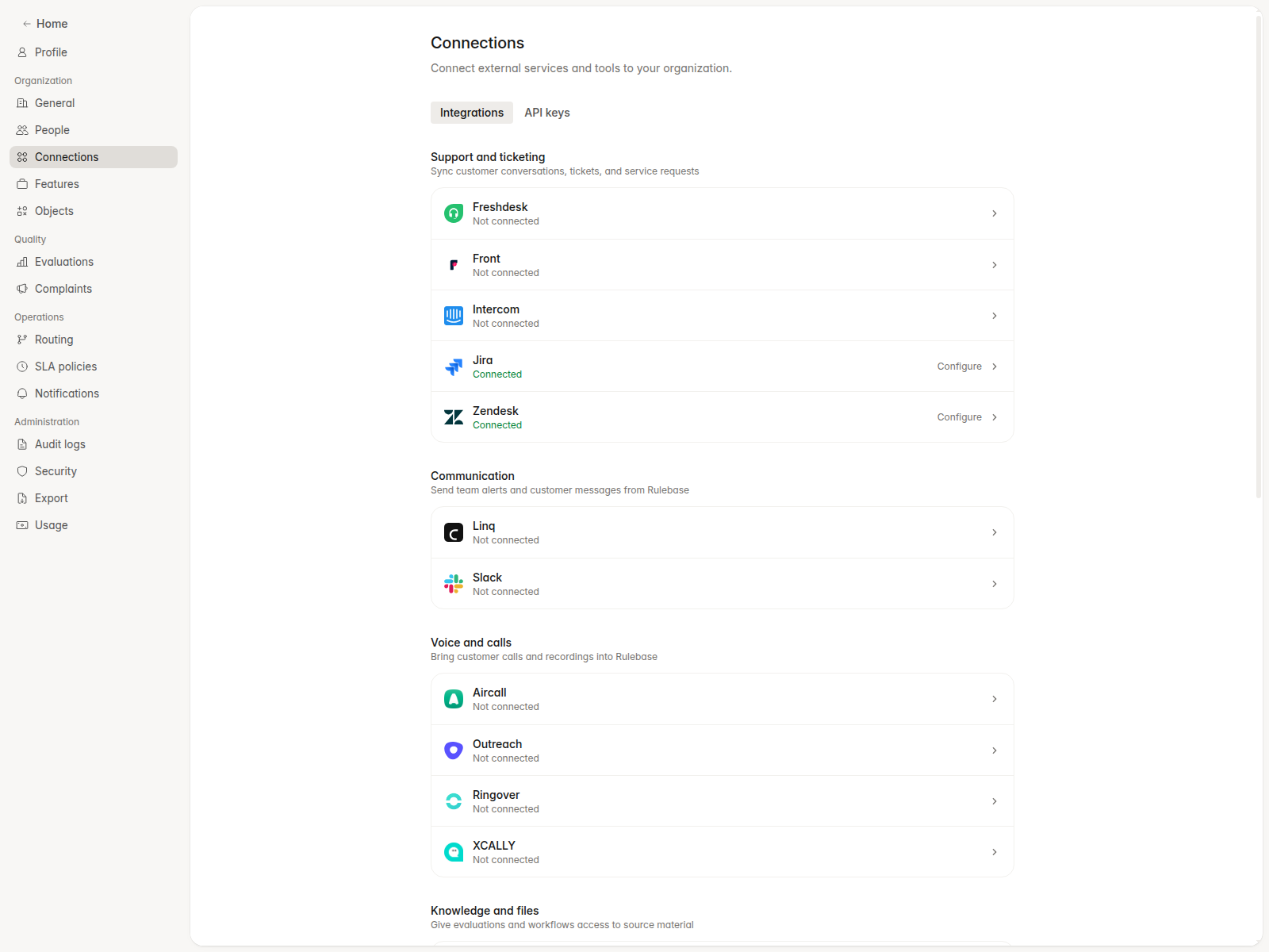 Settings Connections catalog grouped by capability