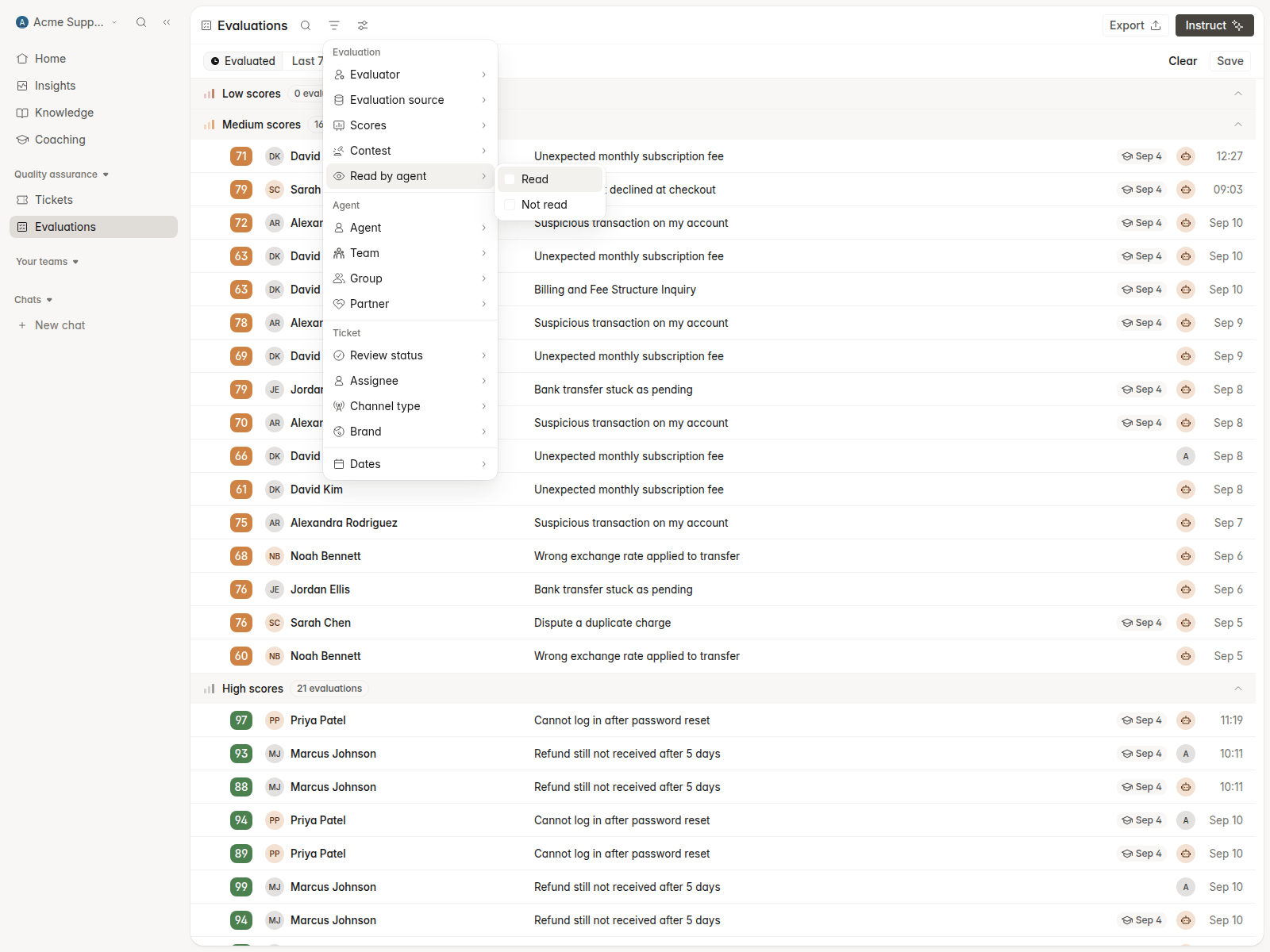 Evaluations list filtered by read status