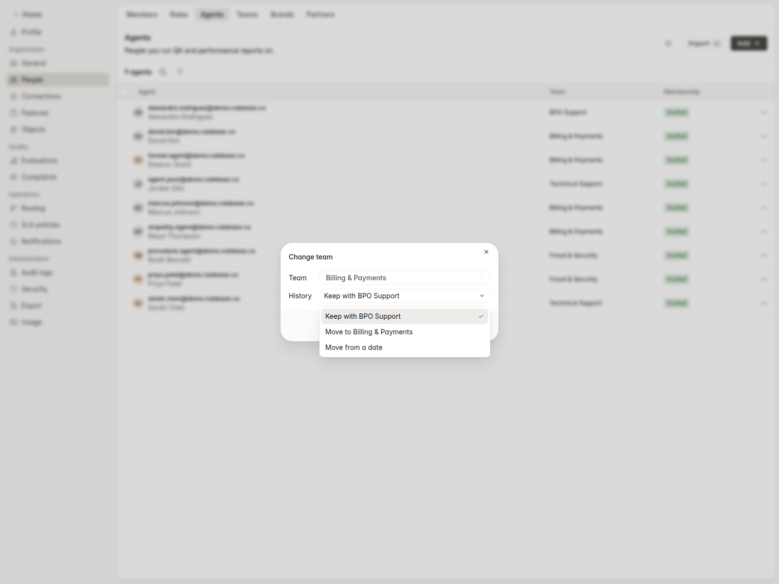 Move agent dialog with team history options