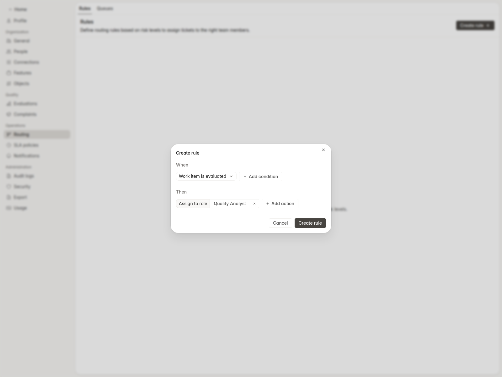 Routing rule editor with the Work item is evaluated trigger