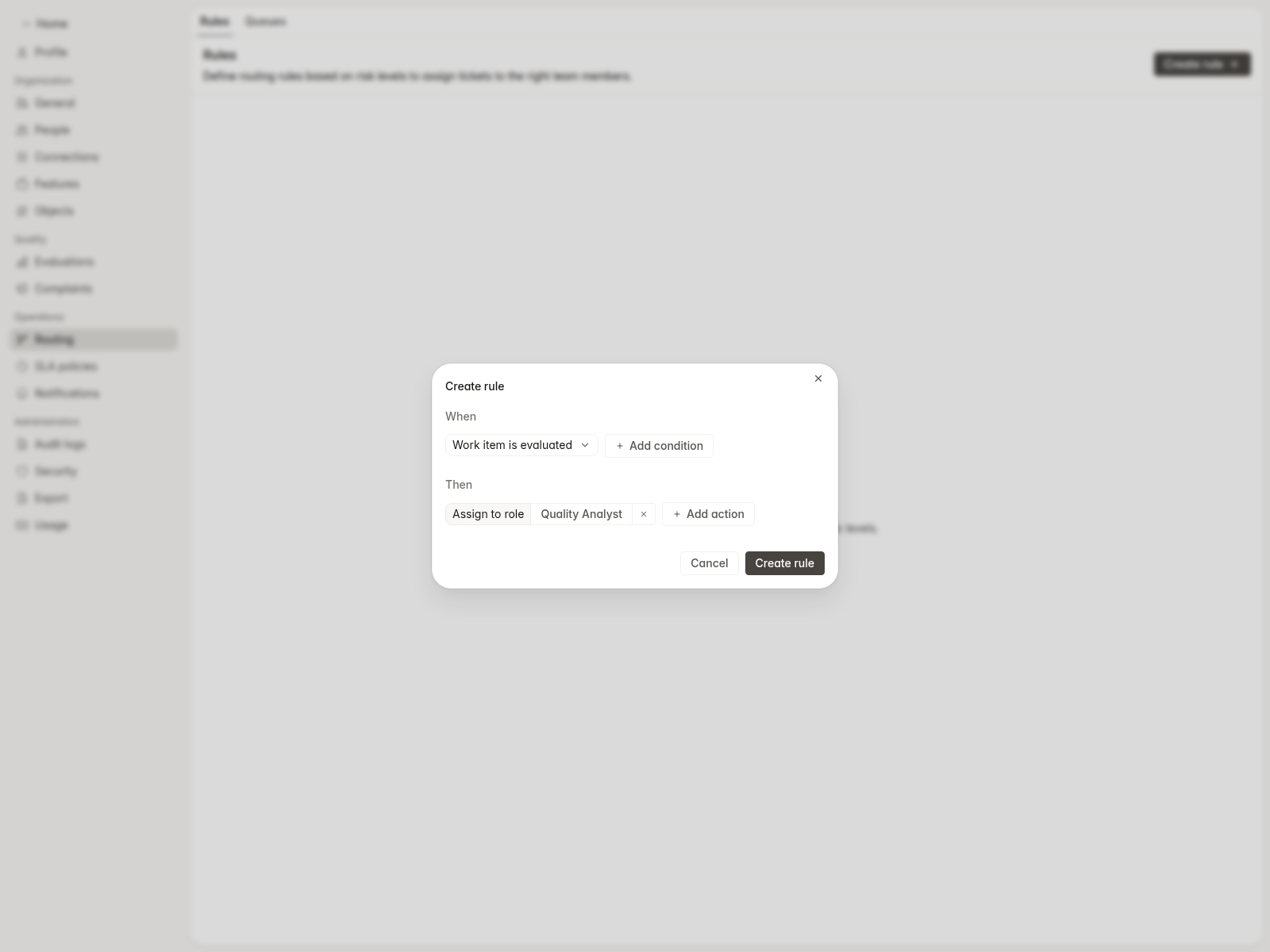 Routing rule editor with the Work item is evaluated trigger