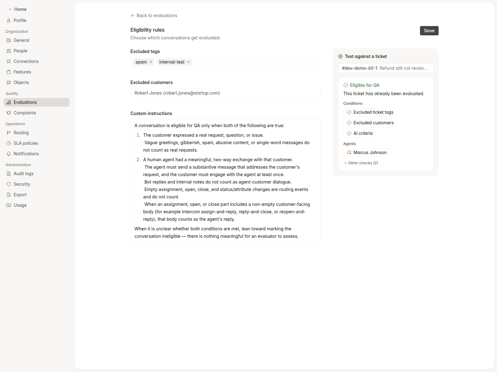 Eligibility editor with excluded tags, excluded customers, and the test panel