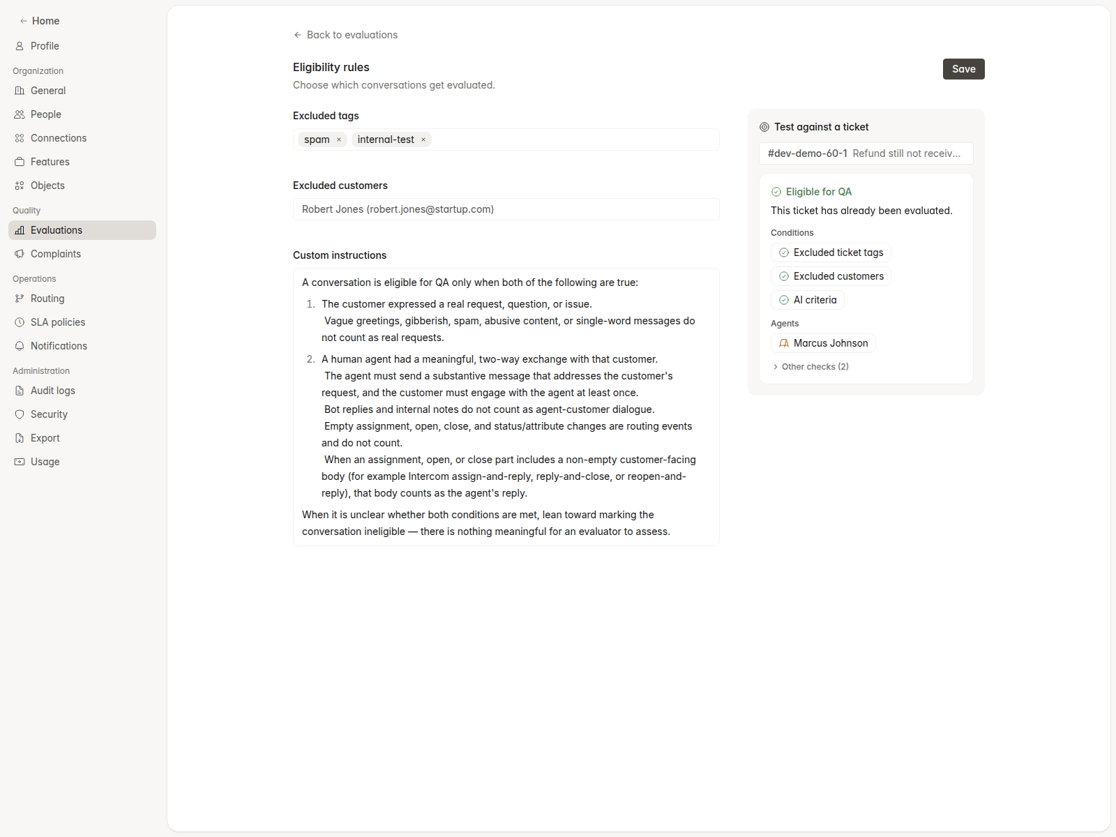 Eligibility editor with excluded tags, excluded customers, and the test panel