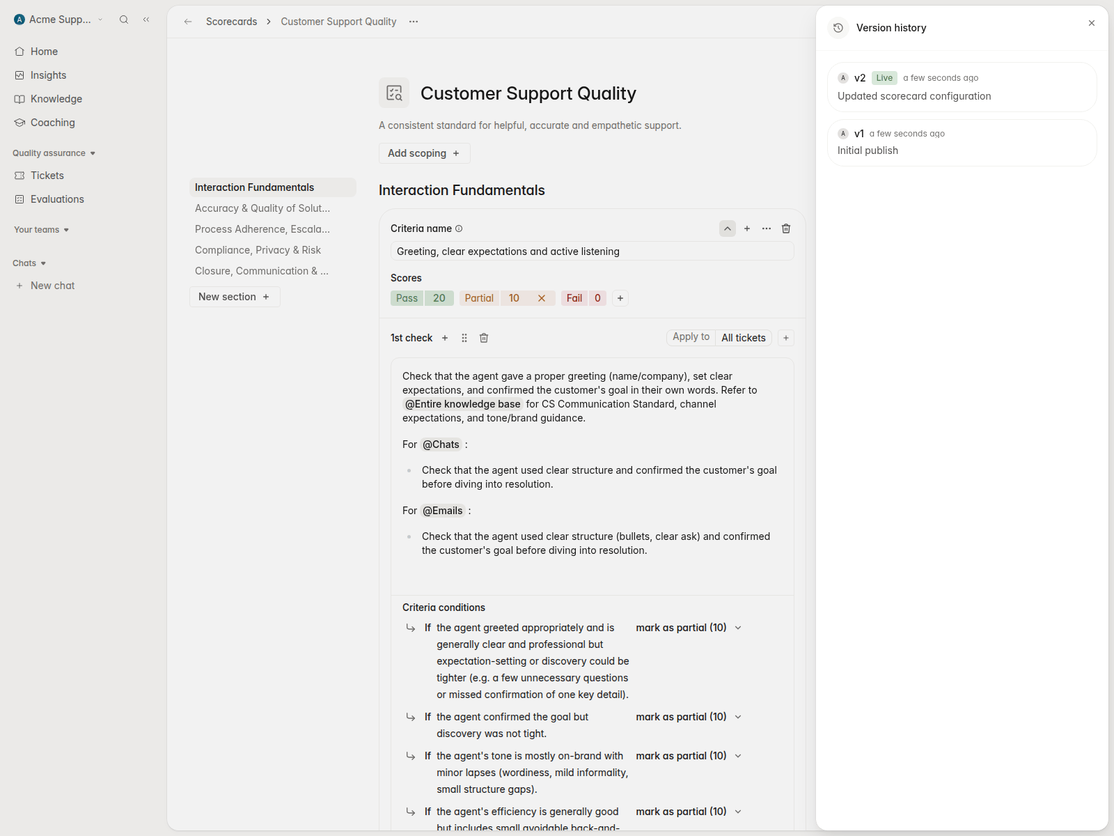 Scorecard version history with publish summaries and restore action