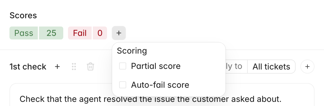 Scores row for a criterion with Pass 25 and Fail 0, and the add-score menu open on Partial score and Auto-fail score