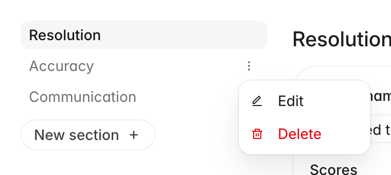 Section list with the overflow menu open on a section, showing Edit and Delete