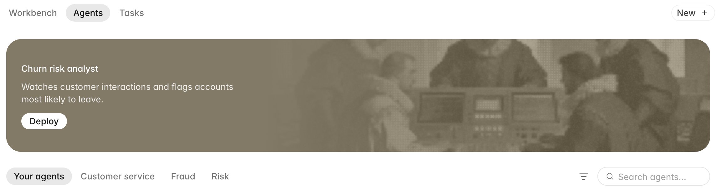 Home Agents tab with the New button, a featured Churn risk analyst template offering Deploy, and the Your agents, Customer service, Fraud, and Risk category tabs
