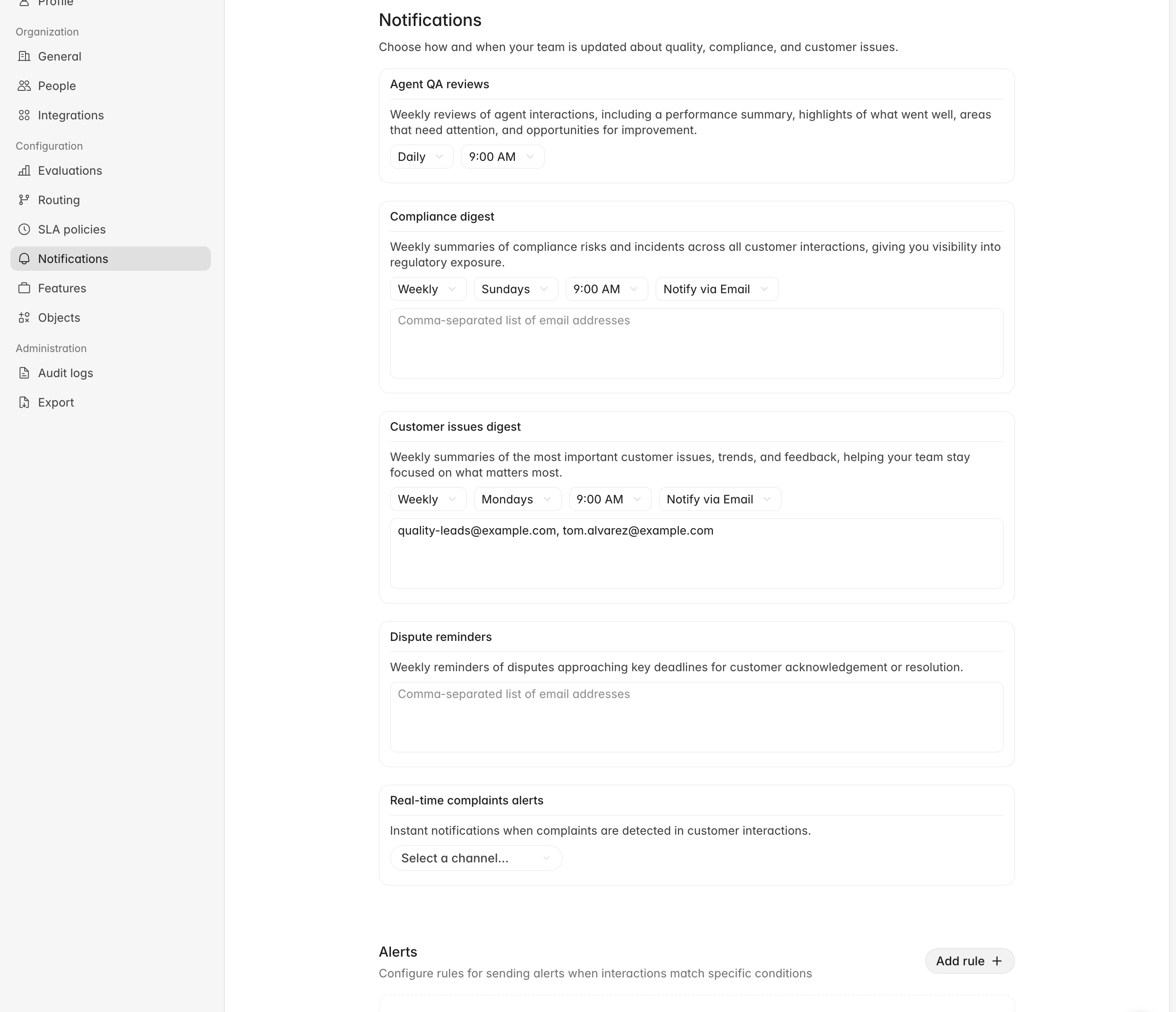 Settings > Notifications page showing the Agent QA reviews, Compliance digest, Customer issues digest, and Real-time complaints alerts groups