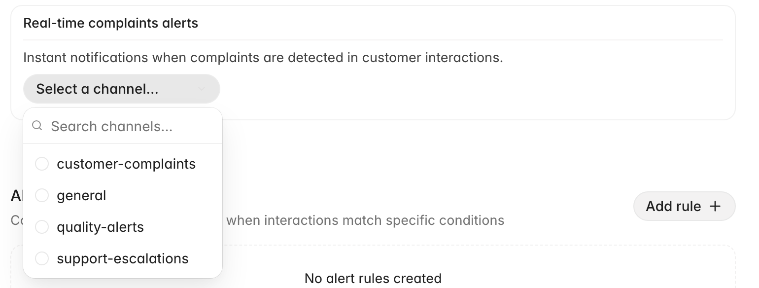 Real-time complaints alerts section with a Slack channel picker open, showing a channel search box and four public channels