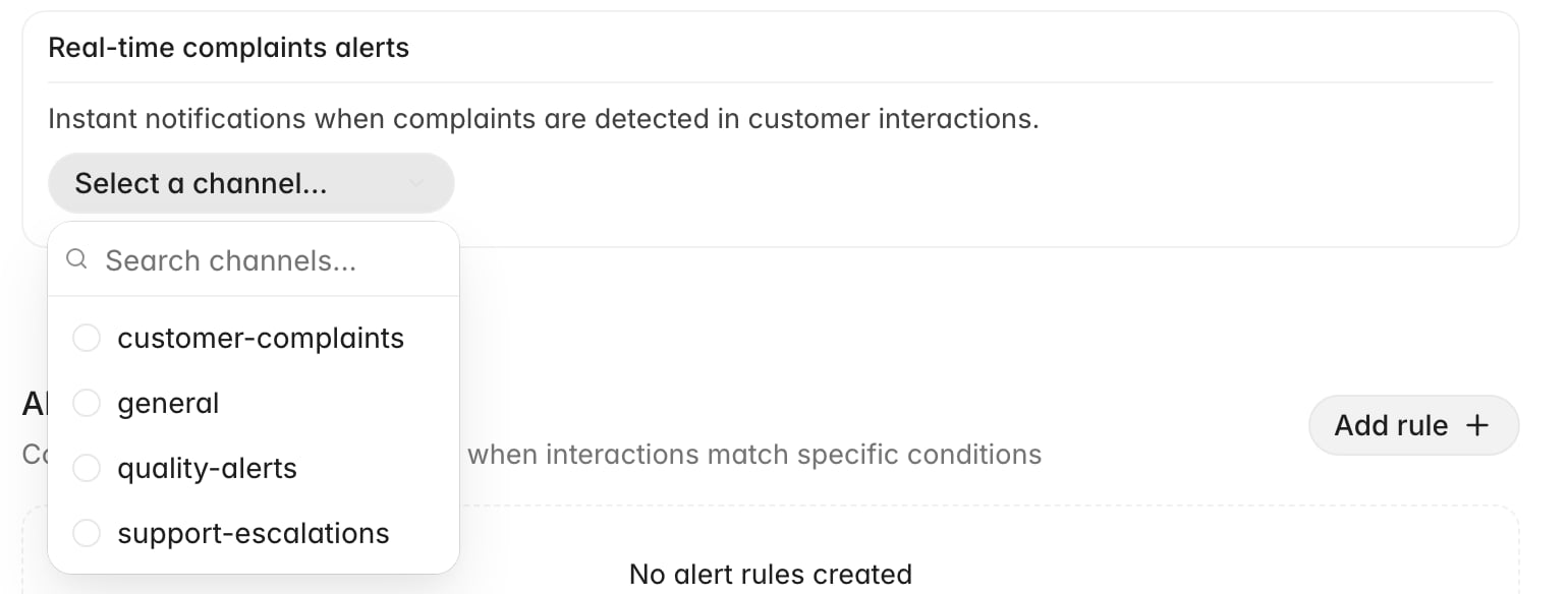 Real-time complaints alerts section with a Slack channel picker open, showing a channel search box and four public channels