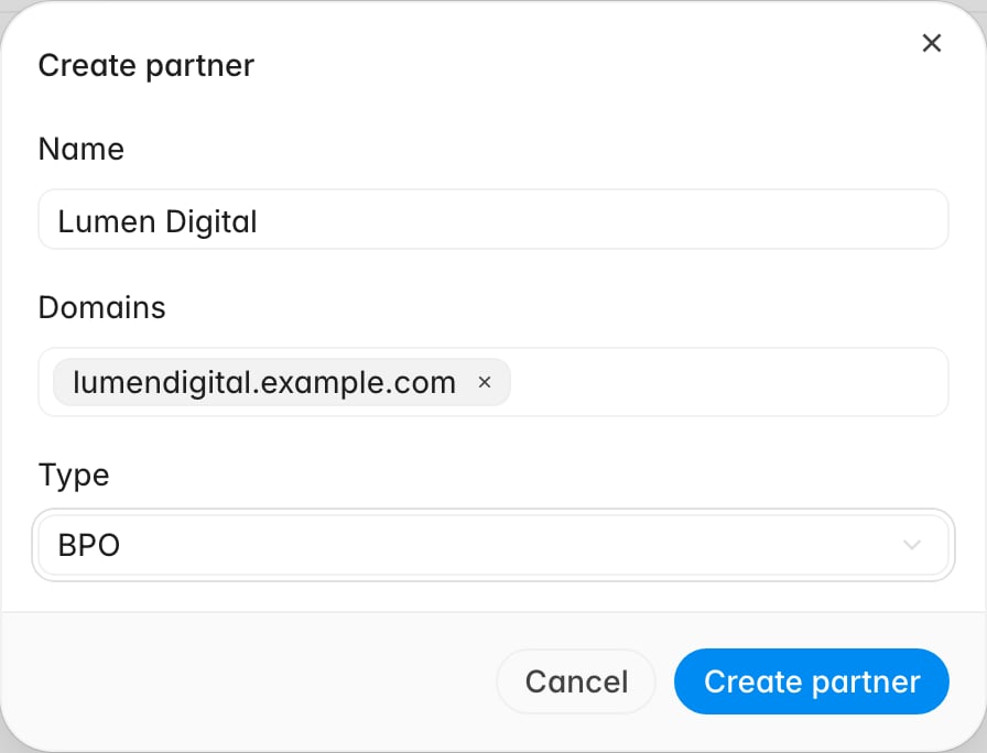 Create partner dialog with a name, one domain entered as a tag, and BPO chosen as the type