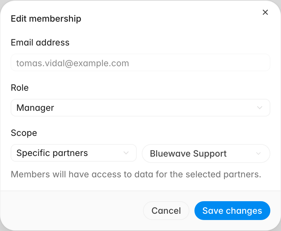 Edit membership dialog for a member with the Manager role, Scope set to Specific partners, and one partner selected