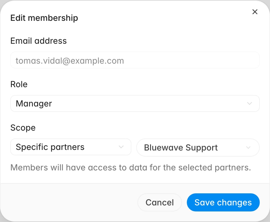 Edit membership dialog for a member with the Manager role, Scope set to Specific partners, and one partner selected
