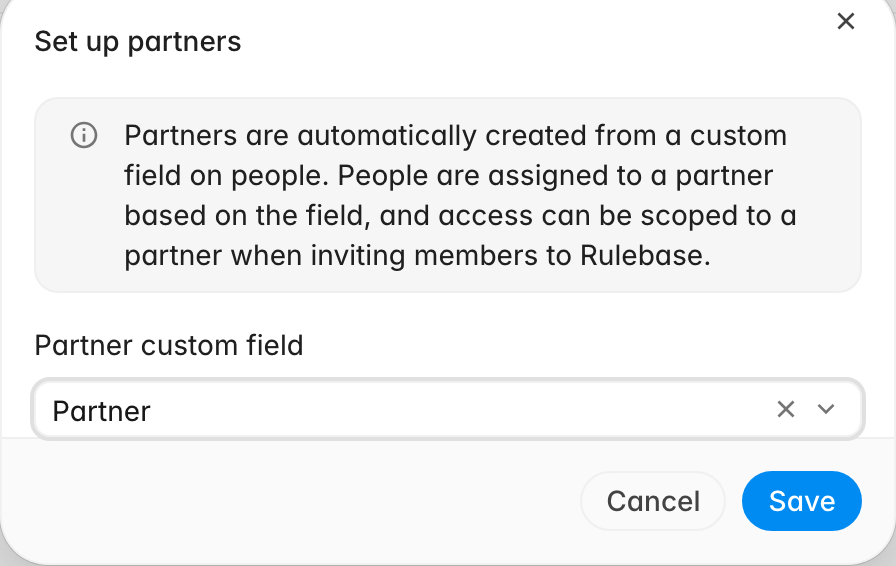 Set up partners dialog with a Partner dropdown field selected as the partner custom field