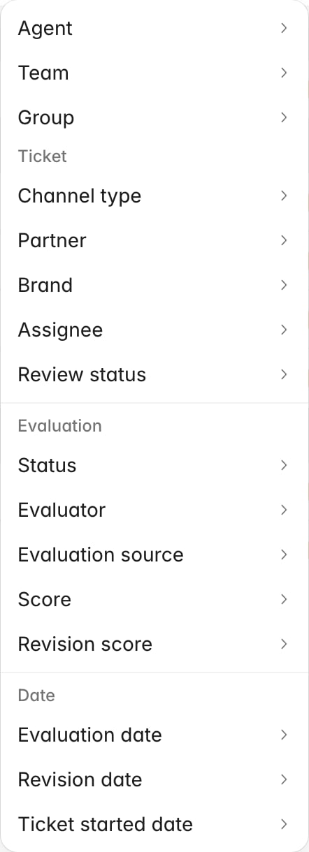 The Evaluations filter menu grouped into agent filters, Ticket, Evaluation, and Date