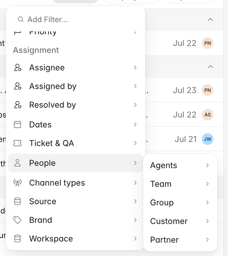 The interactions filter menu with the People submenu open, showing Agents, Team, Group, Customer, and Partner