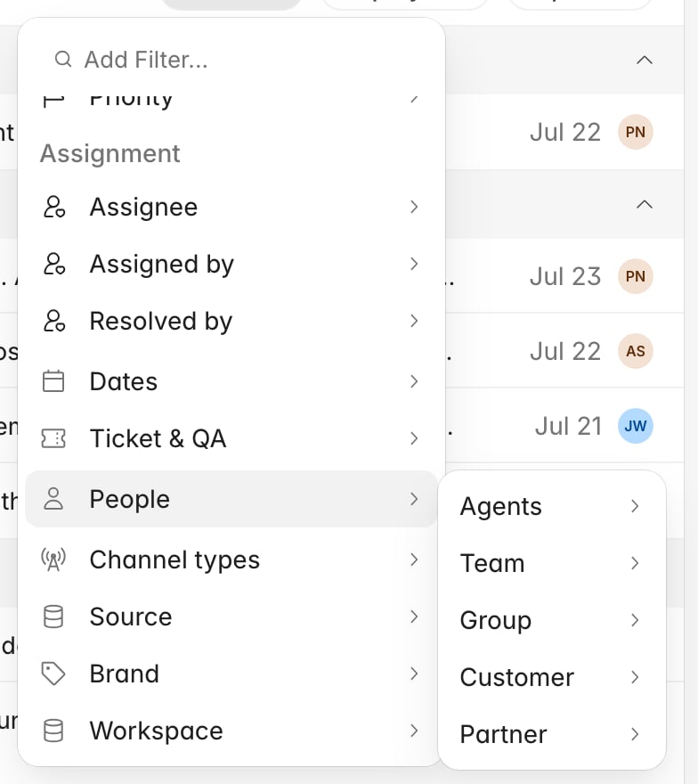 The interactions filter menu with the People submenu open, showing Agents, Team, Group, Customer, and Partner