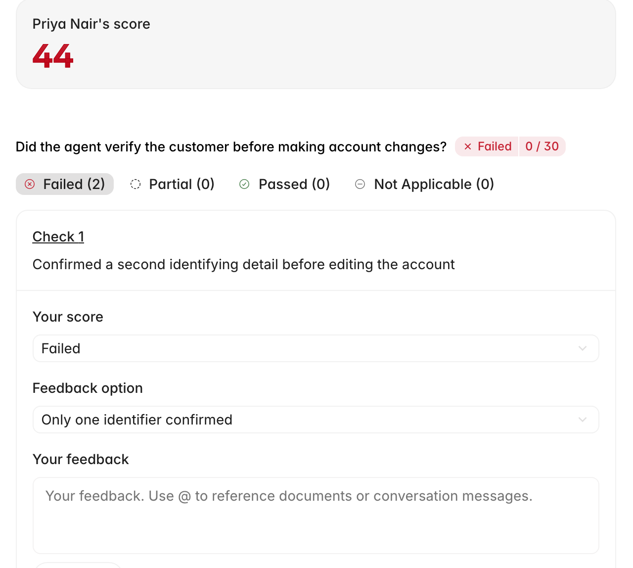 A criterion with its checks grouped by outcome, and one check open showing Your score, Feedback option, and Your feedback