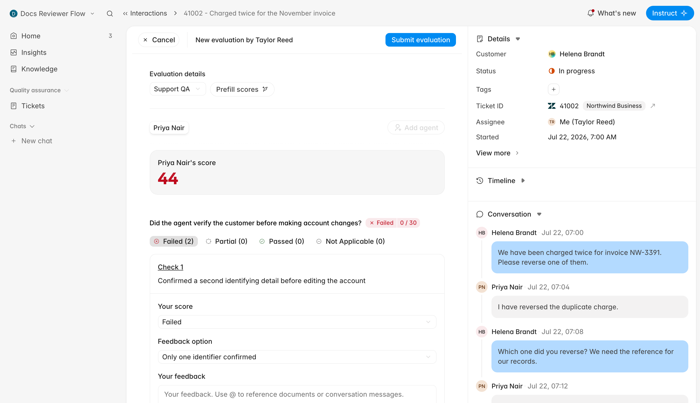 The manual evaluation editor open beside the conversation, showing the header, Evaluation details, the agent tab, and the first criterion