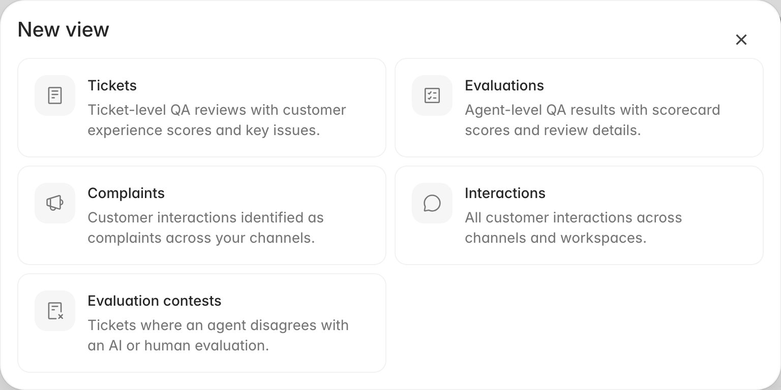 The New view dialog offering Tickets, Evaluations, Complaints, Interactions, and Evaluation contests
