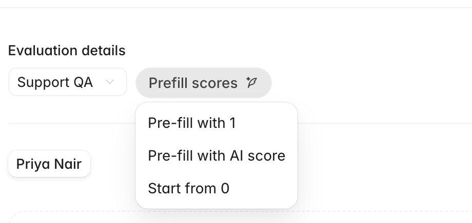 The Prefill scores menu offering Pre-fill with 1, Pre-fill with AI score, and Start from 0