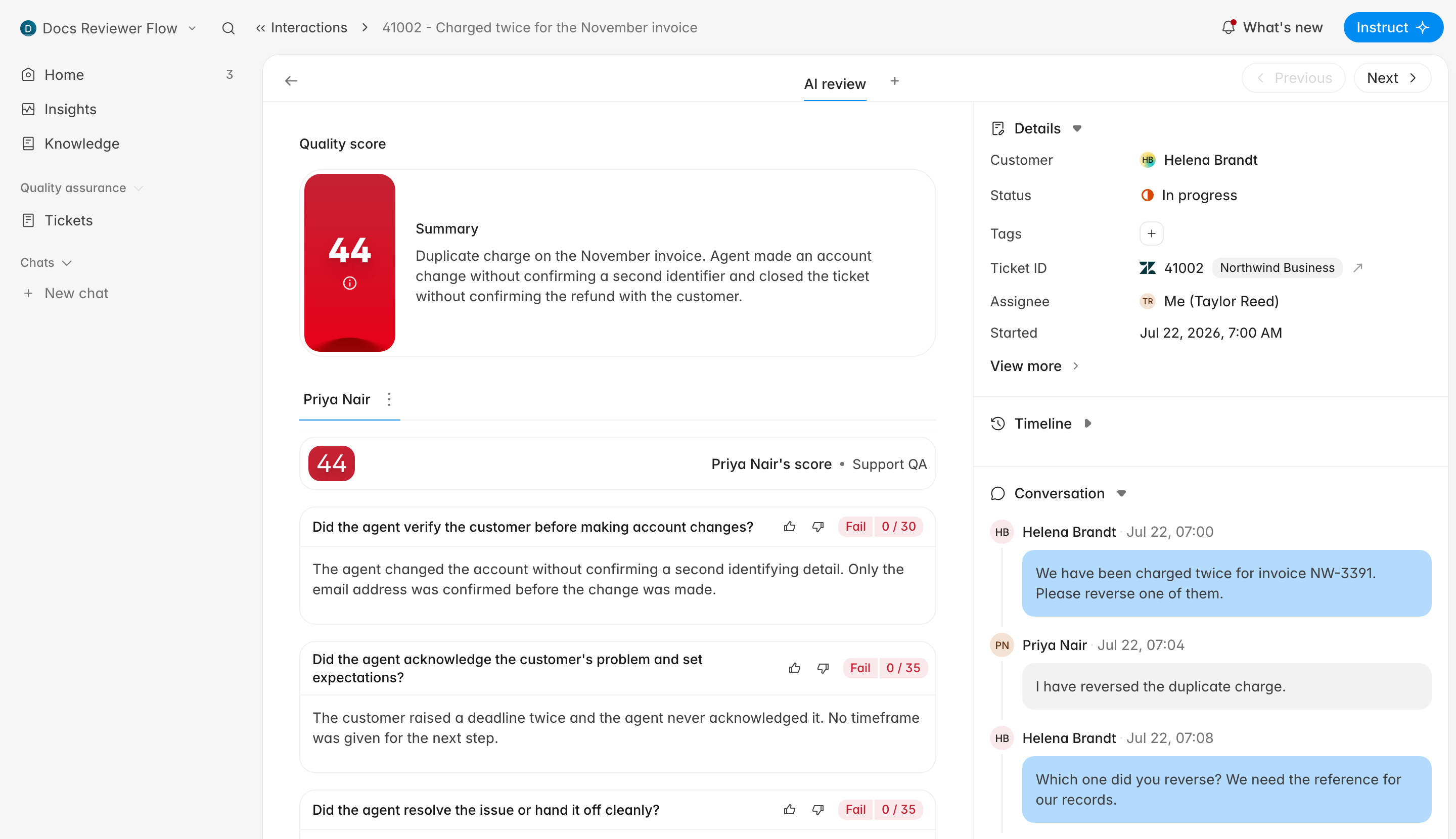 The ticket QA workspace, with the AI review and criterion reasoning on the left and Details, Timeline, and Conversation on the right