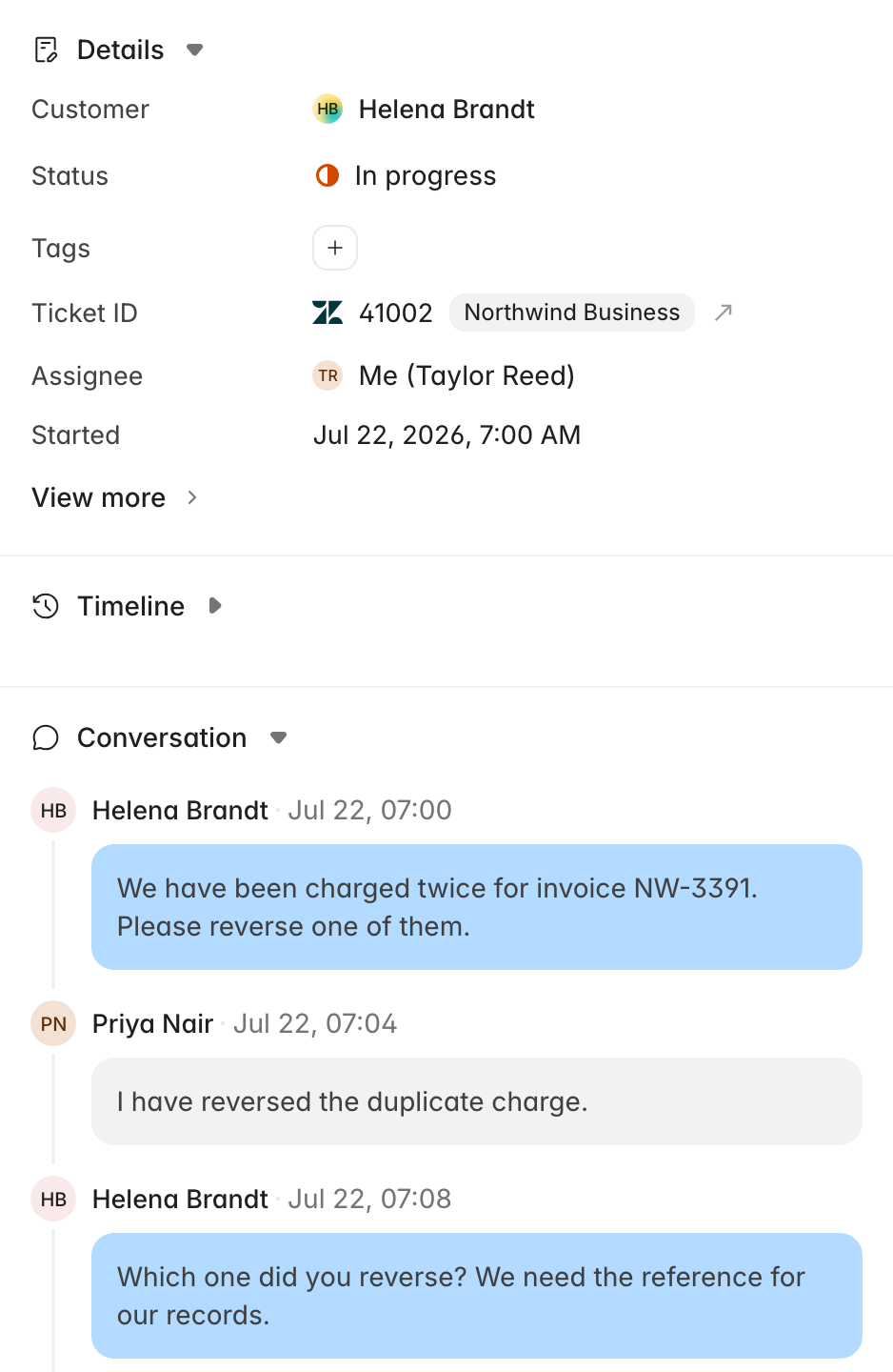 The Details panel showing customer, status, tags, ticket ID, assignee, and start date