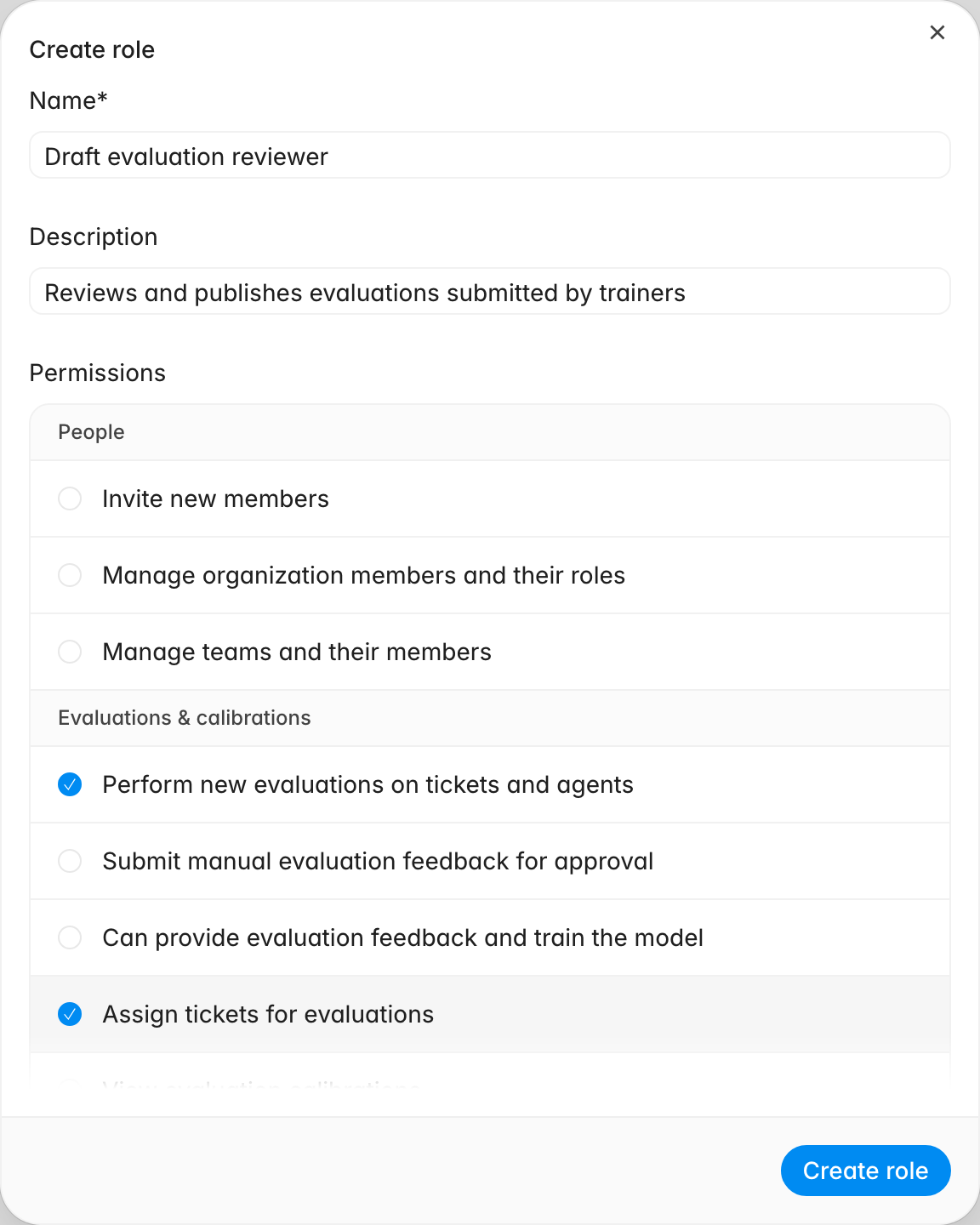 Create role dialog with an evaluation reviewer name, a description, and the grouped Permissions checklist below
