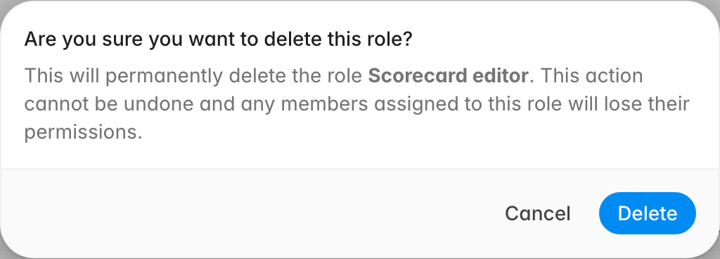 Delete role confirmation dialog warning that the role will be permanently deleted and assigned members will lose their permissions