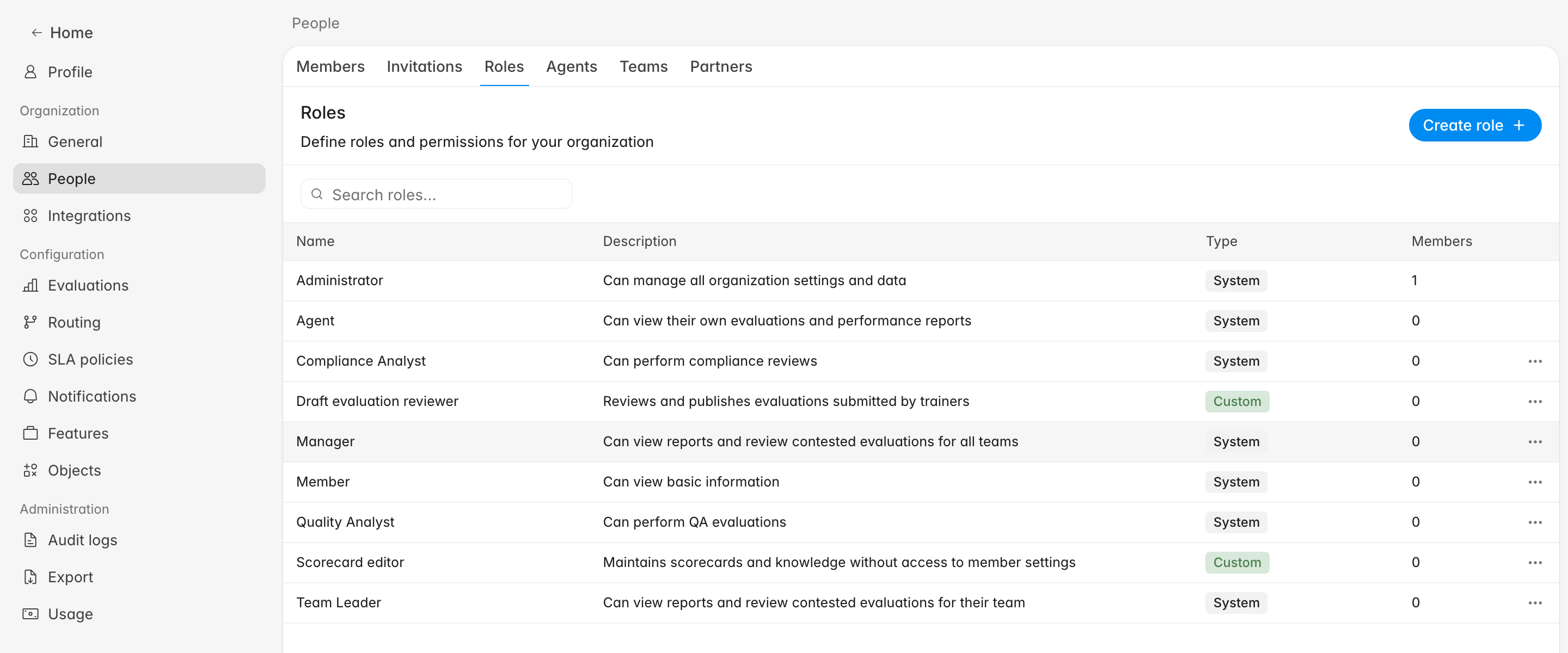 Settings People Roles page with the Create role button, a search bar, and a table of system and custom roles with Type and Members columns