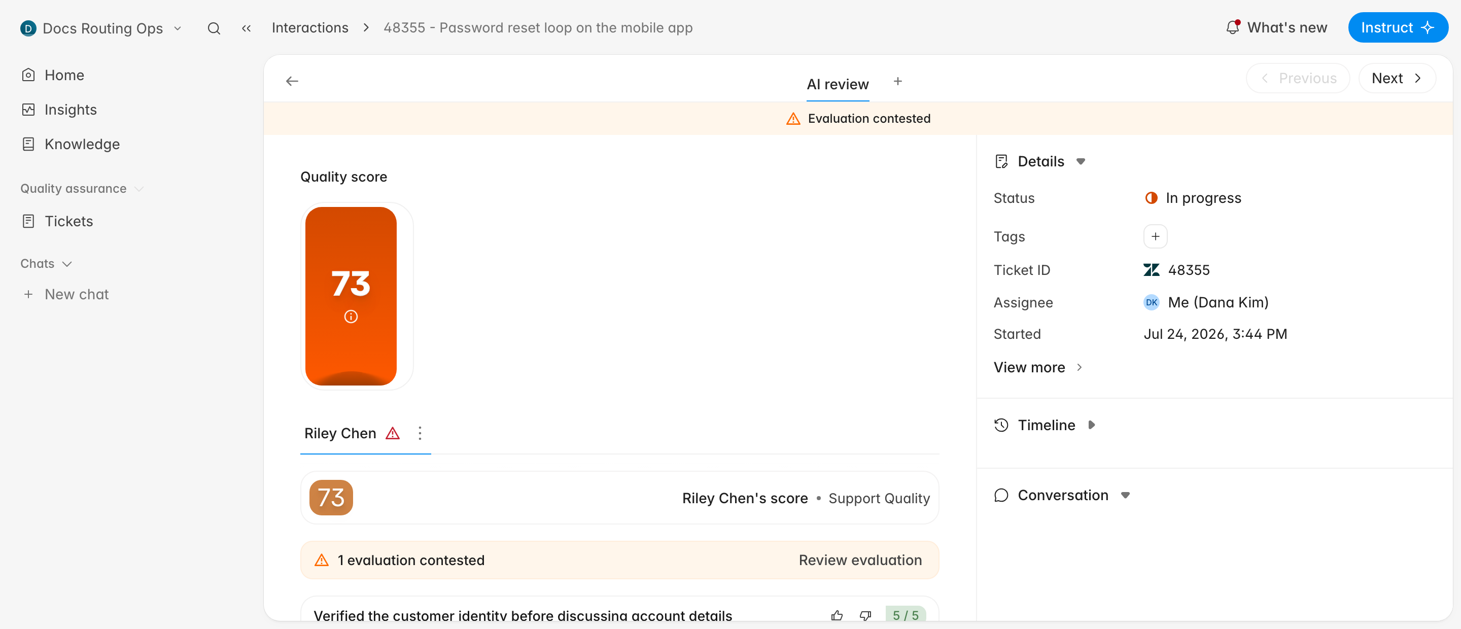 Ticket view with an Evaluation contested banner at the top and a Review evaluation button beside the contested count