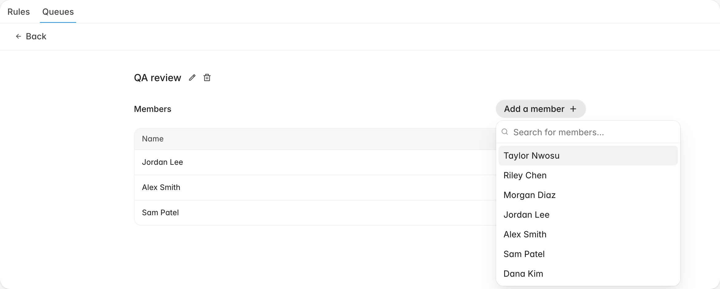 Add a member popover open over the queue members table showing the searchable list of organization members