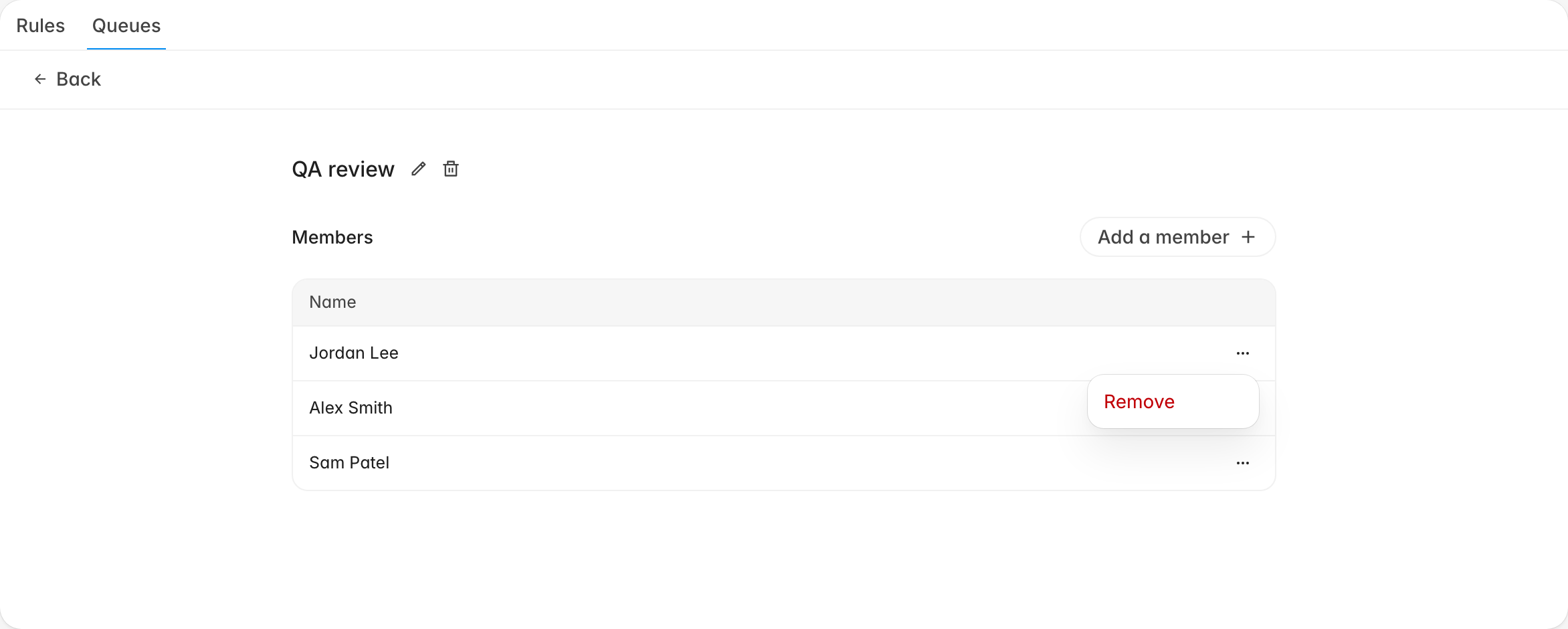 Queue members table with a row menu open showing the Remove option