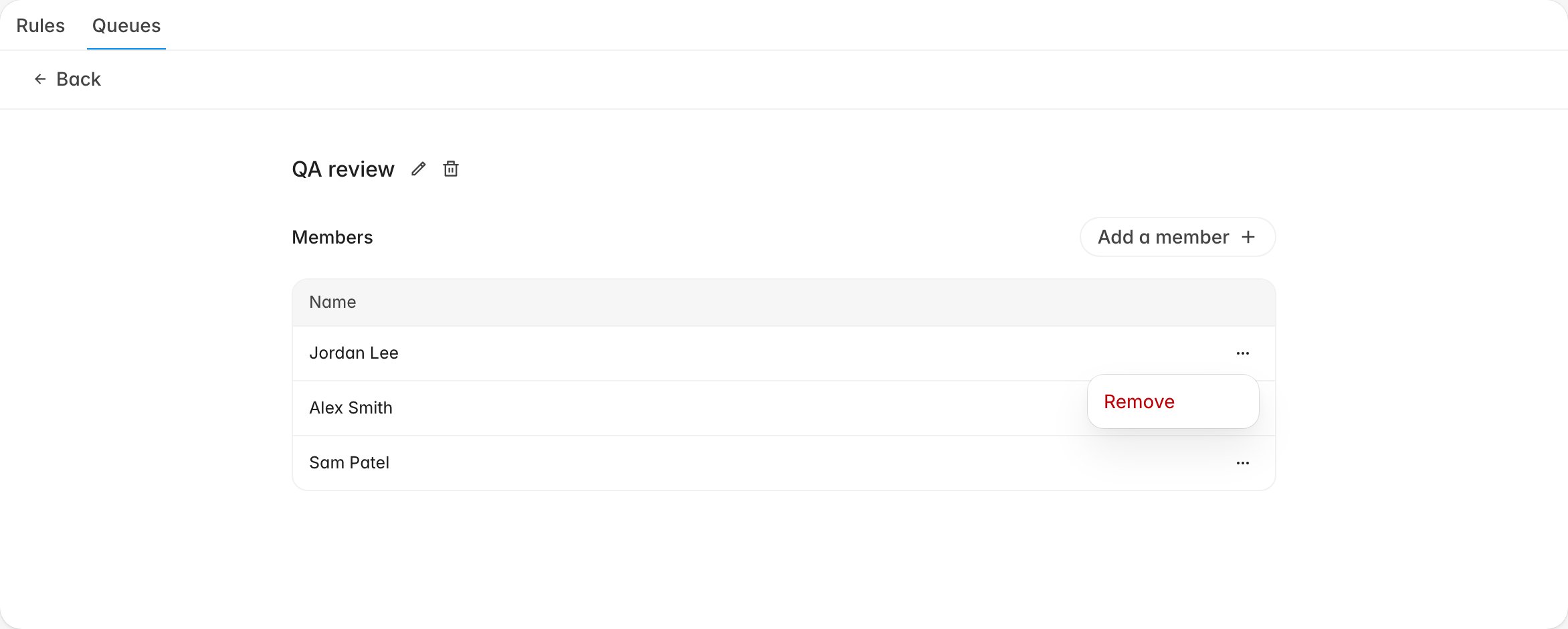 Queue members table with a row menu open showing the Remove option