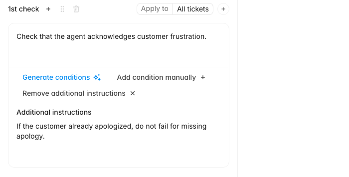Scorecard check card showing the Apply to condition, the check description, and an open Additional instructions field containing an exception rule