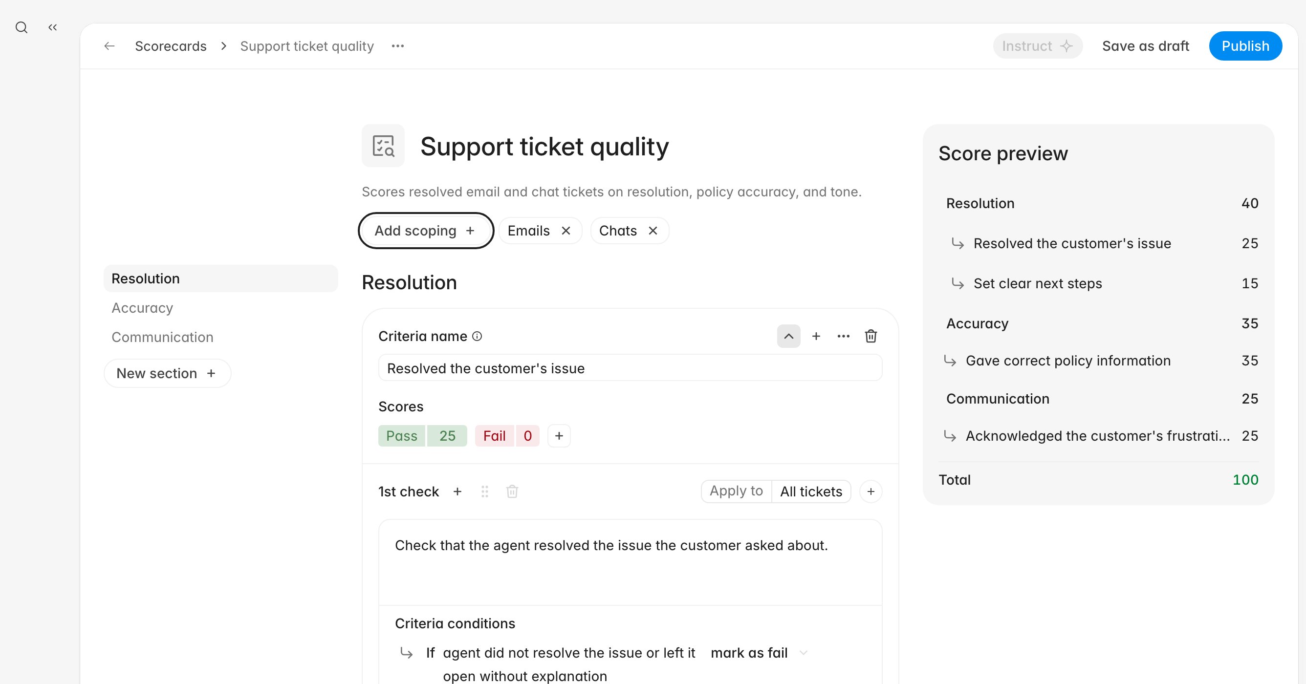 Scorecard editor showing the section list, a criterion with pass and fail scores, a check with conditions, and the score preview totaling 100