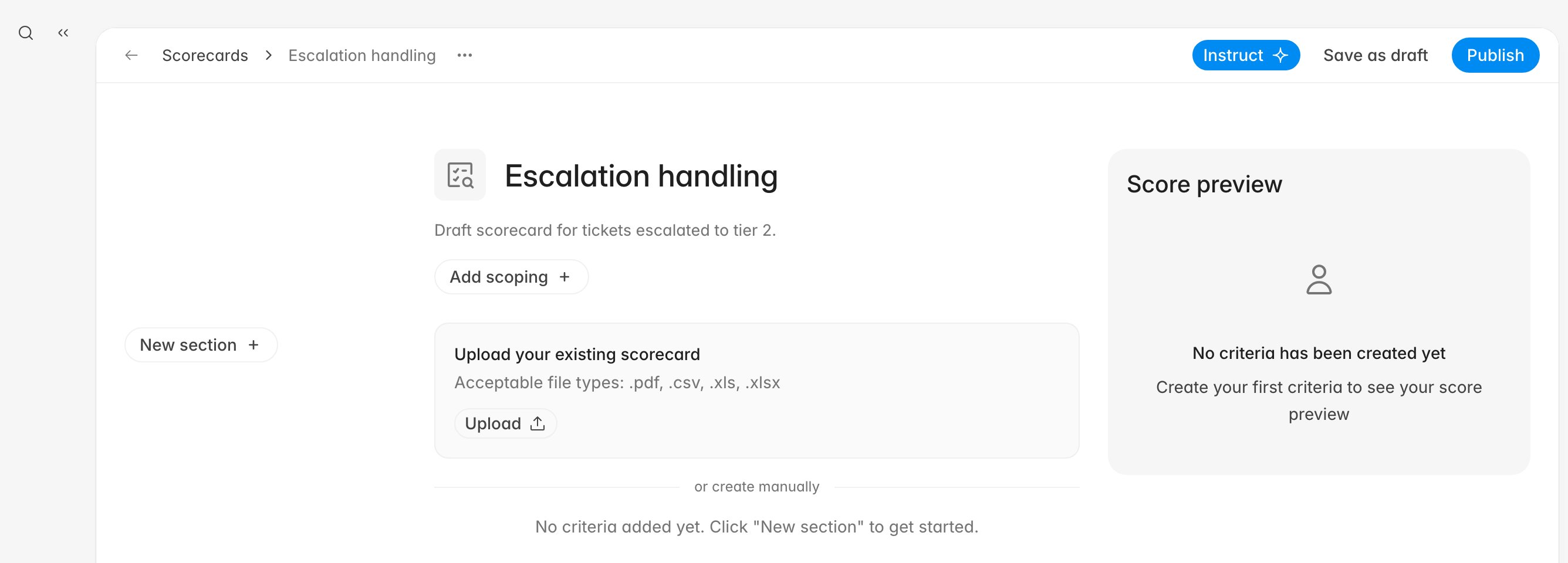 Empty scorecard editor with the upload panel, the New section button, and an empty score preview