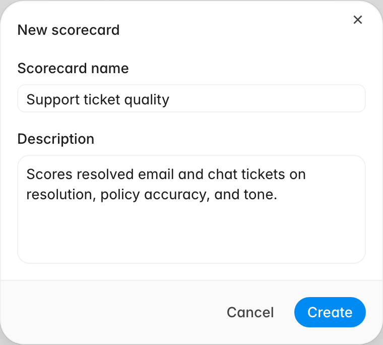 New scorecard dialog with a scorecard name and a description describing which tickets it scores