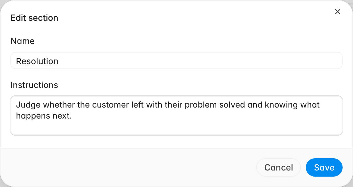 Edit section dialog with the name Resolution and instructions describing how to judge whether the customer left with their problem solved